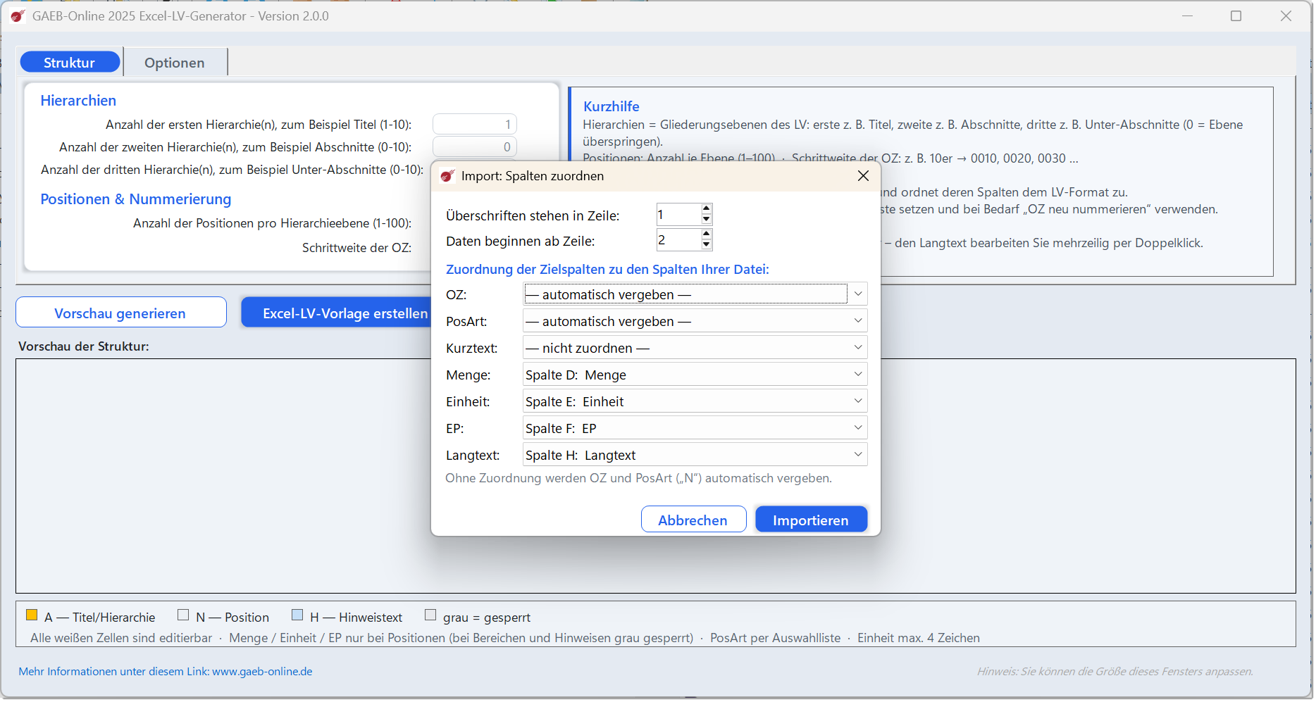 Excel BoQ Generator: mapping dialog when importing your own Excel file – assign columns to target fields OZ, item type, short text, quantity, unit, unit price, long text