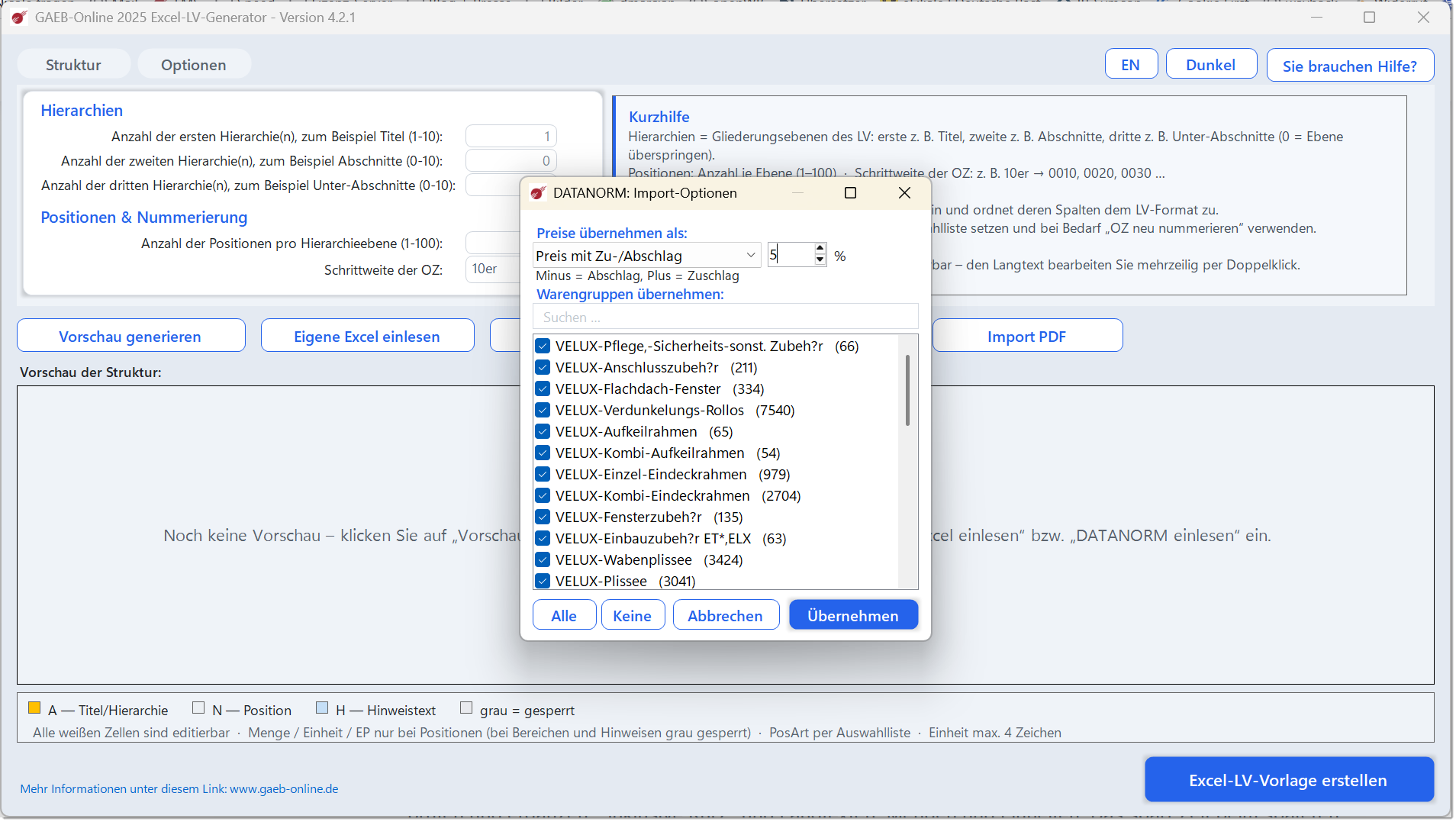 Excel-LV-Generator: DATANORM-Datei einlesen und in eine Excel-Vorlage konvertieren &ndash; mit Warengruppen-Filter, Preisbasis-Wahl und &Uuml;bernahme von Artikelnummer, EAN und Warengruppe