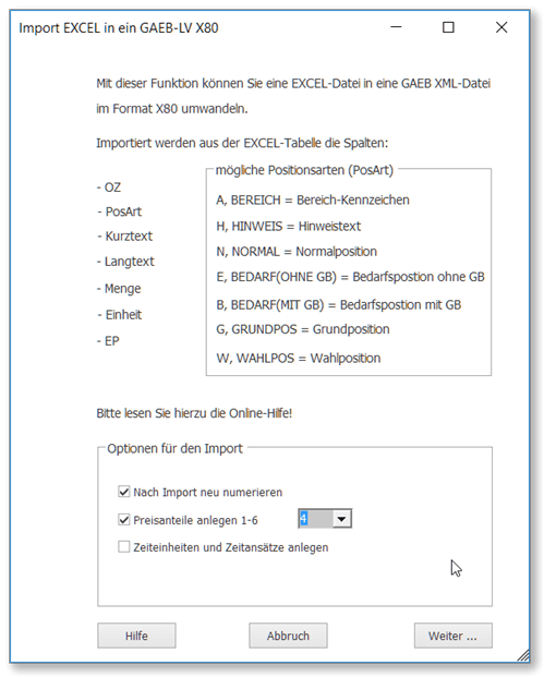 Screenshot des Import-Assistenten in GAEB-Online 2025 für die Excel-in-GAEB-Konvertierung