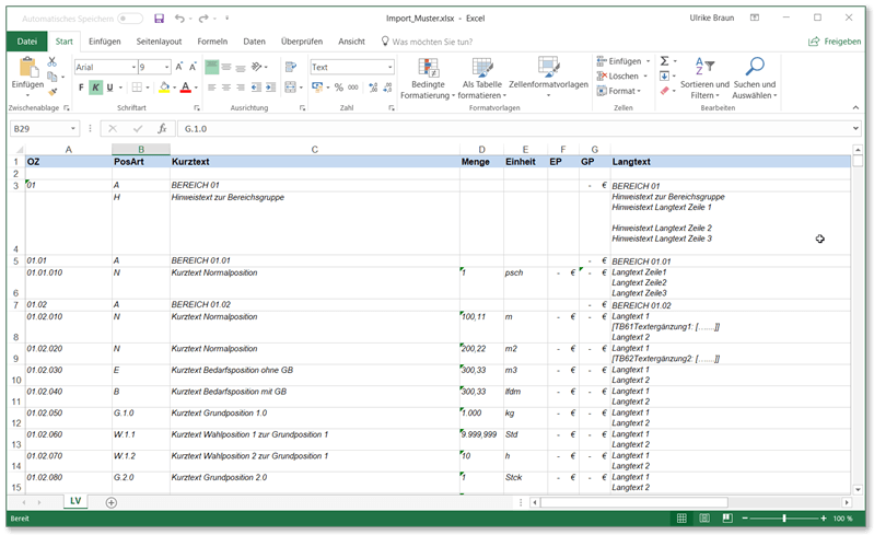 Excel-Musterdatei für den Import in GAEB-Online 2025