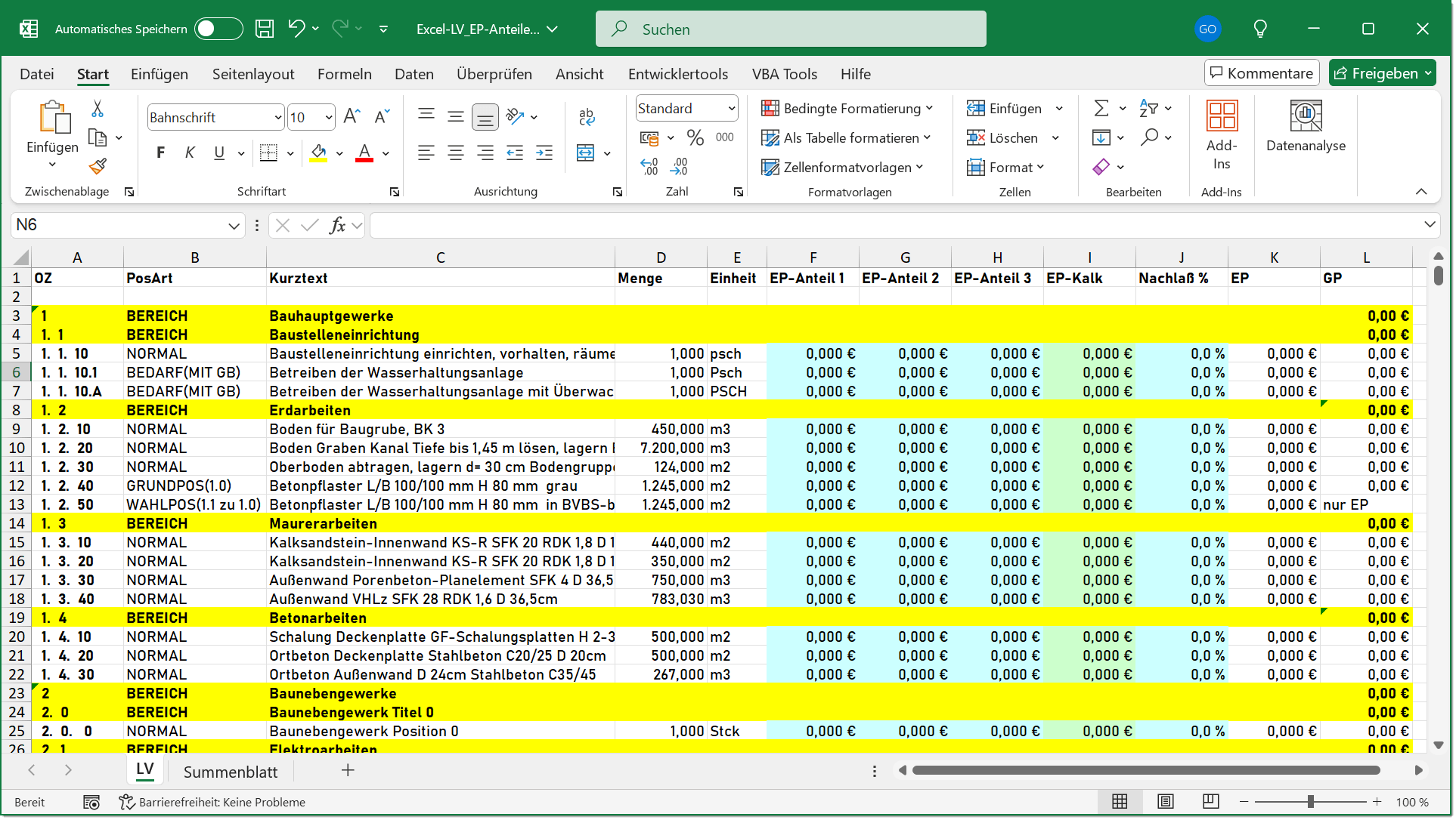 Excel Vorlagen für GAEB