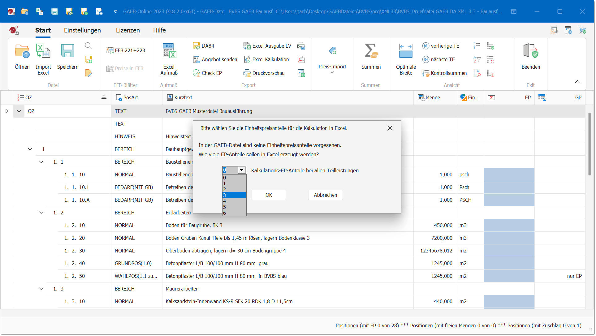 GAEB Einheitspreisanteile für Kalkulationsvorlage