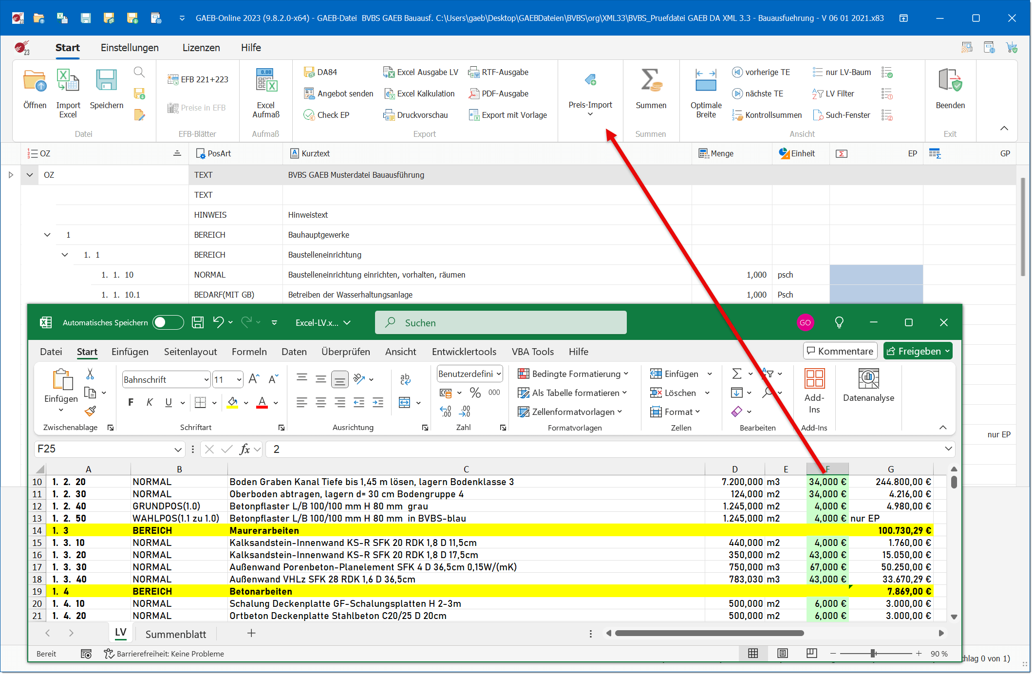 Excel Import in GAEB-Online 2025