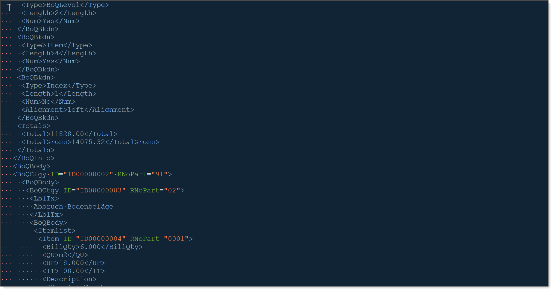 Auszug einer GAEB X89-Datei im Texteditor