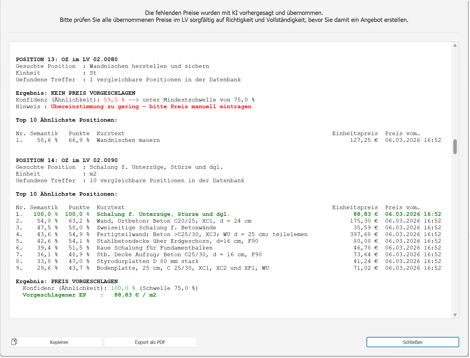 Protokoll des KI-PreisNavigators mit Konfidenzwerten, Semantik-Score und Vergleichspositionen je GAEB-Position