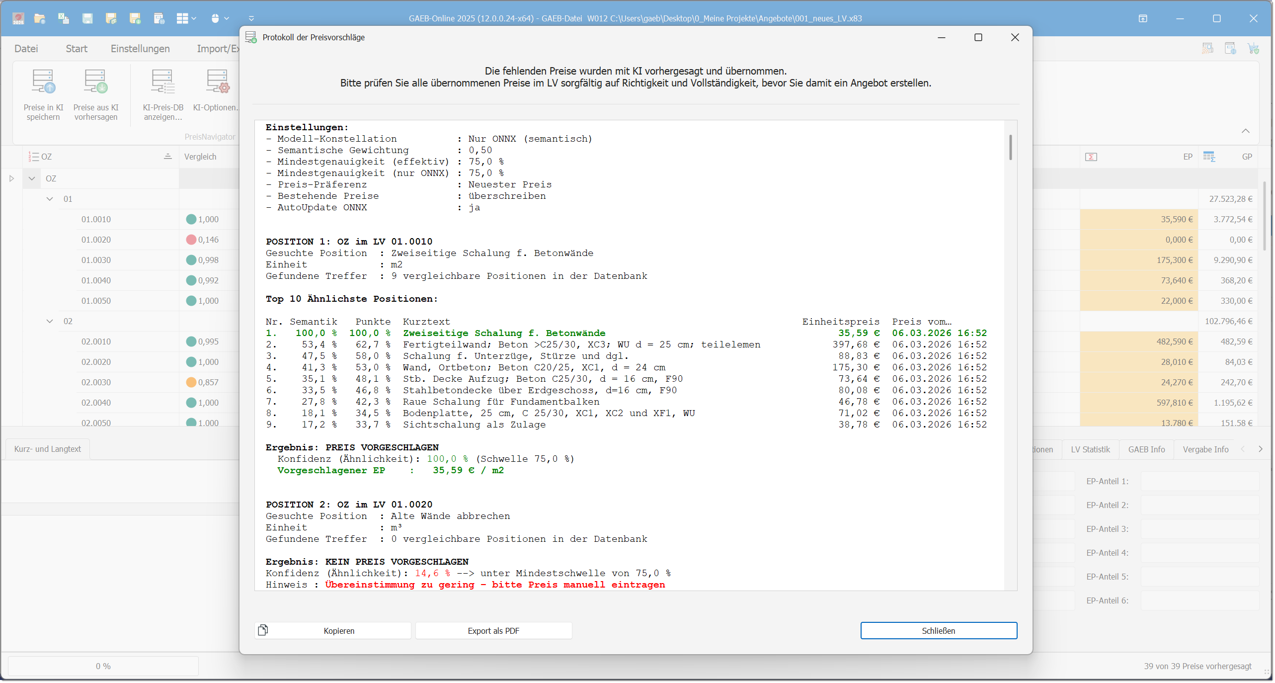 KI-Preisvorschlag für GAEB-Positionen im Leistungsverzeichnis von GAEB-Online 2025