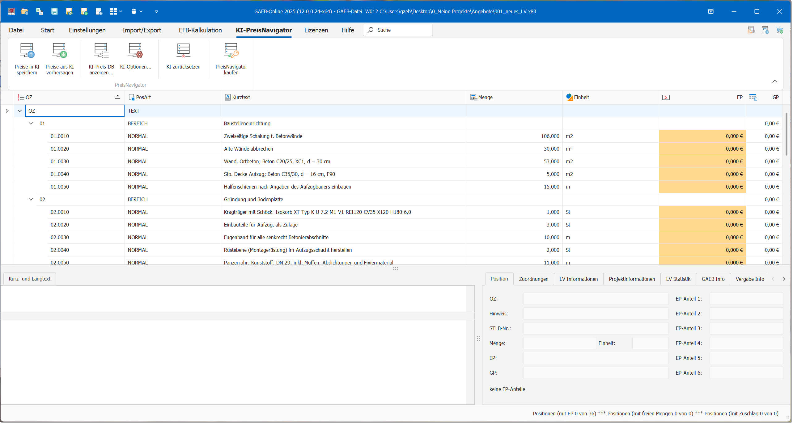 KI-PreisNavigator-Menü nahtlos integriert in die Oberfläche von GAEB-Online 2025
