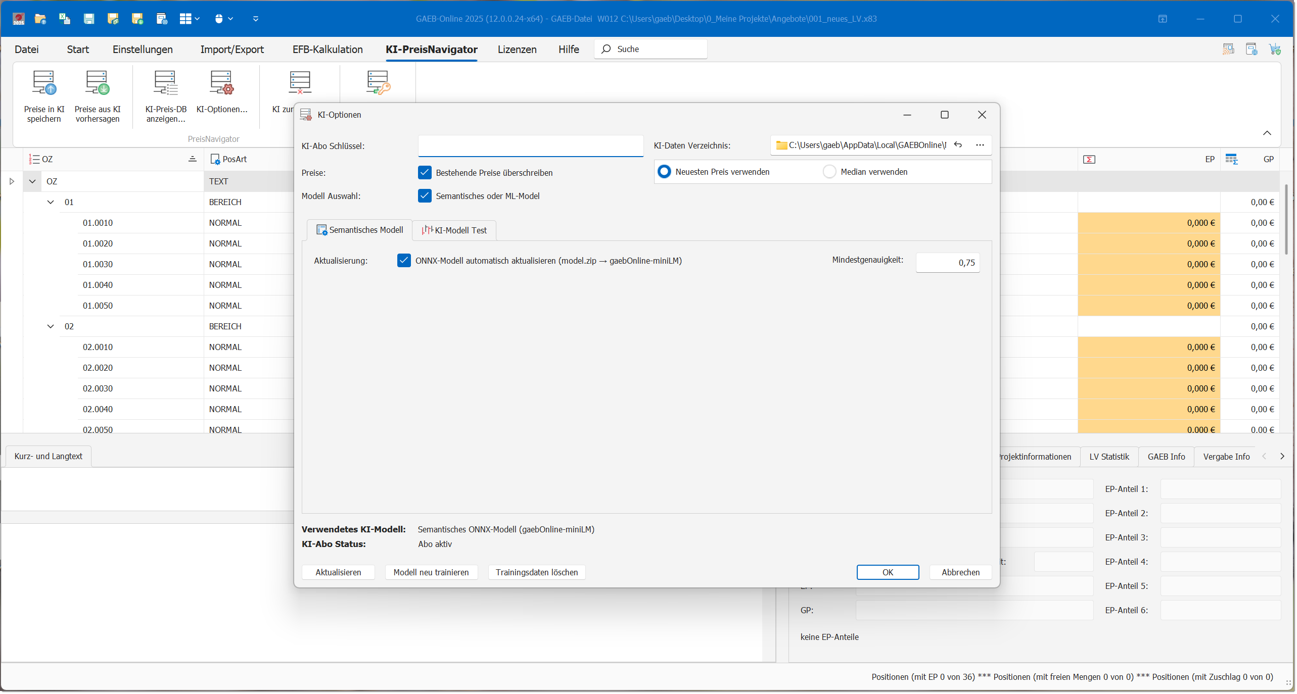 GAEB-KI-PreisNavigator Einstellungen: Textvergleich oder semantisches KI-Matching mit einstellbarer Mindestgenauigkeit