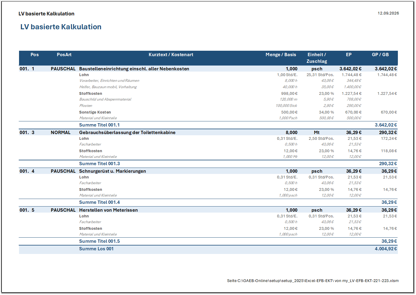 Excel EFB-EKT-Detail: Alle erfassten Einzelkostenans&auml;tze (Lohn, Stoffe, Ger&auml;te, Sonstige, Nachunternehmer) werden beim Speichern der Tabelle automatisch nach LV-Positionen (OZ) sortiert und gruppiert