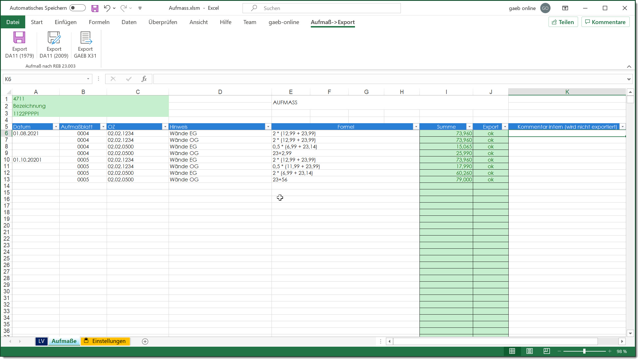 Excel-DA11-Konverter: Einfaches Aufmaß in Excel
