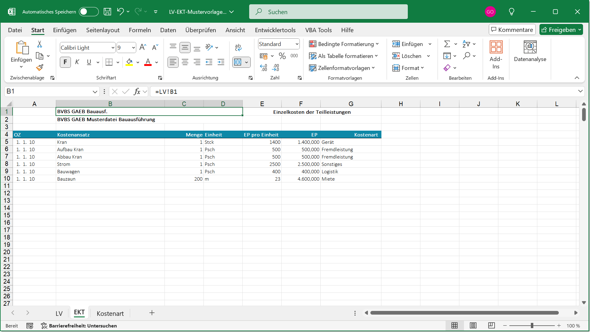 Einzelkosten der Teilleistungen
