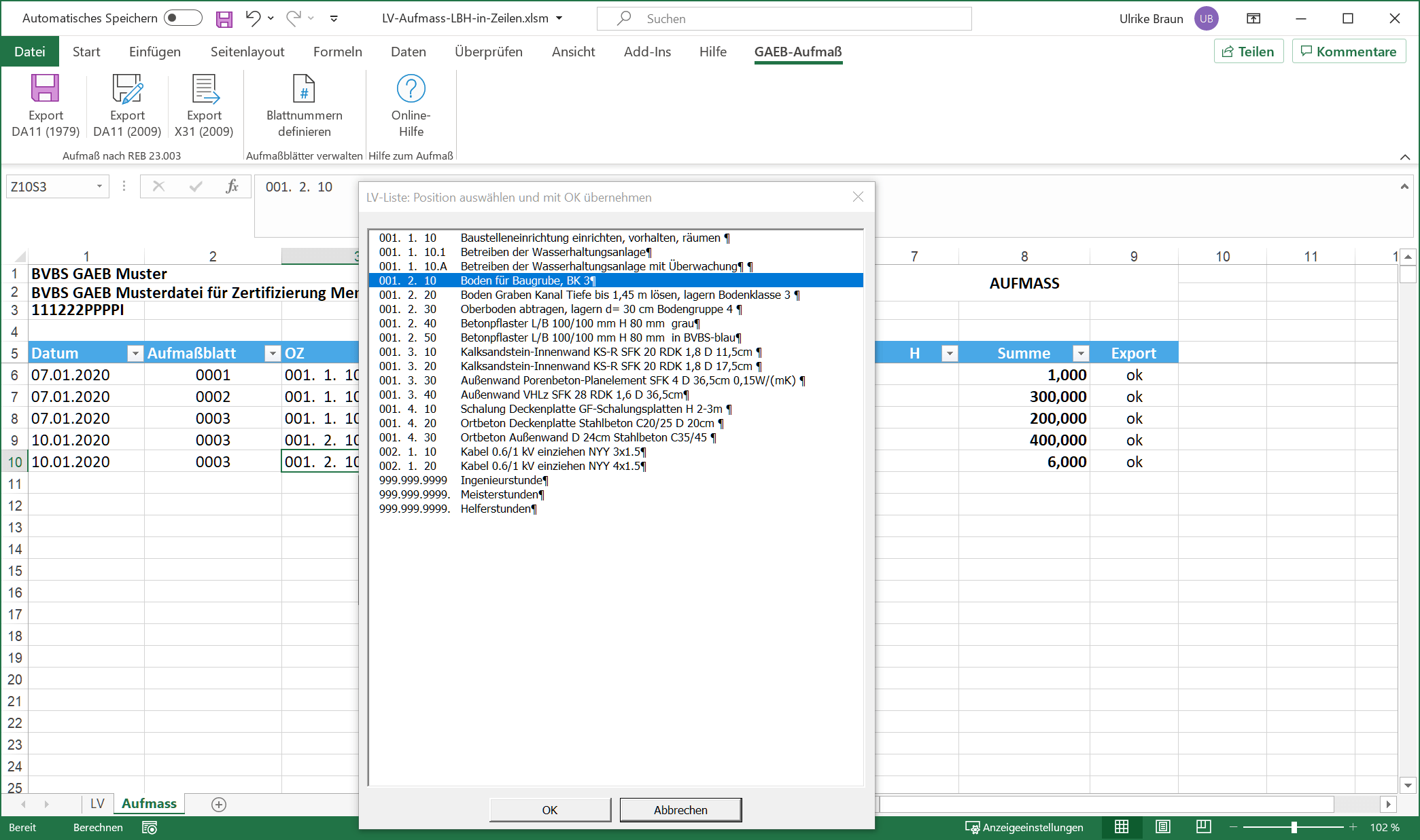 Blattnummer Excel-Aufmaß für GAEB-Online 2025: Einfaches Aufmaß