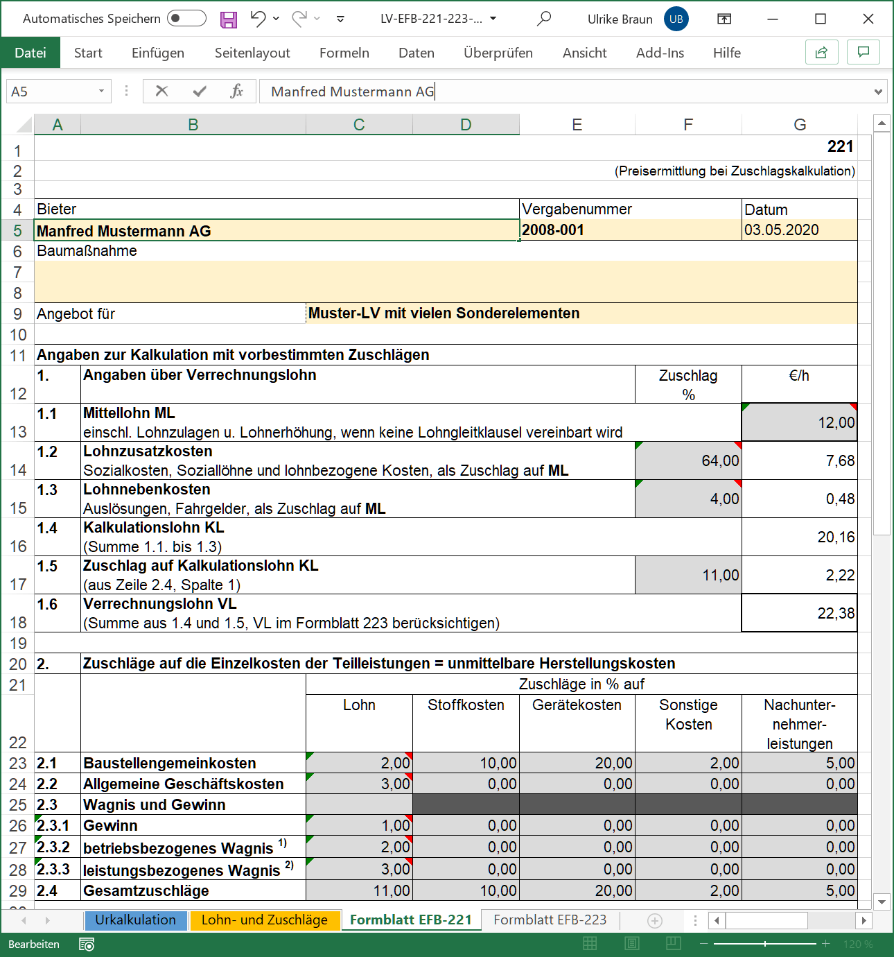 Excel-Aufmaß für GAEB-Online 2021: Muster für Excel EFB-Kalkulation