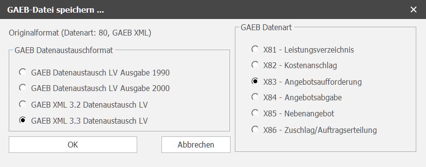 GAEB-Datei speichern als GAEB DA XML 3.3