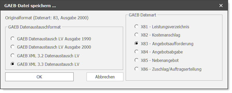 Datei speichern als GAEB DA XML 3.3