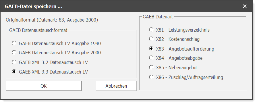Datei speichern als GAEB DA XML 3.3