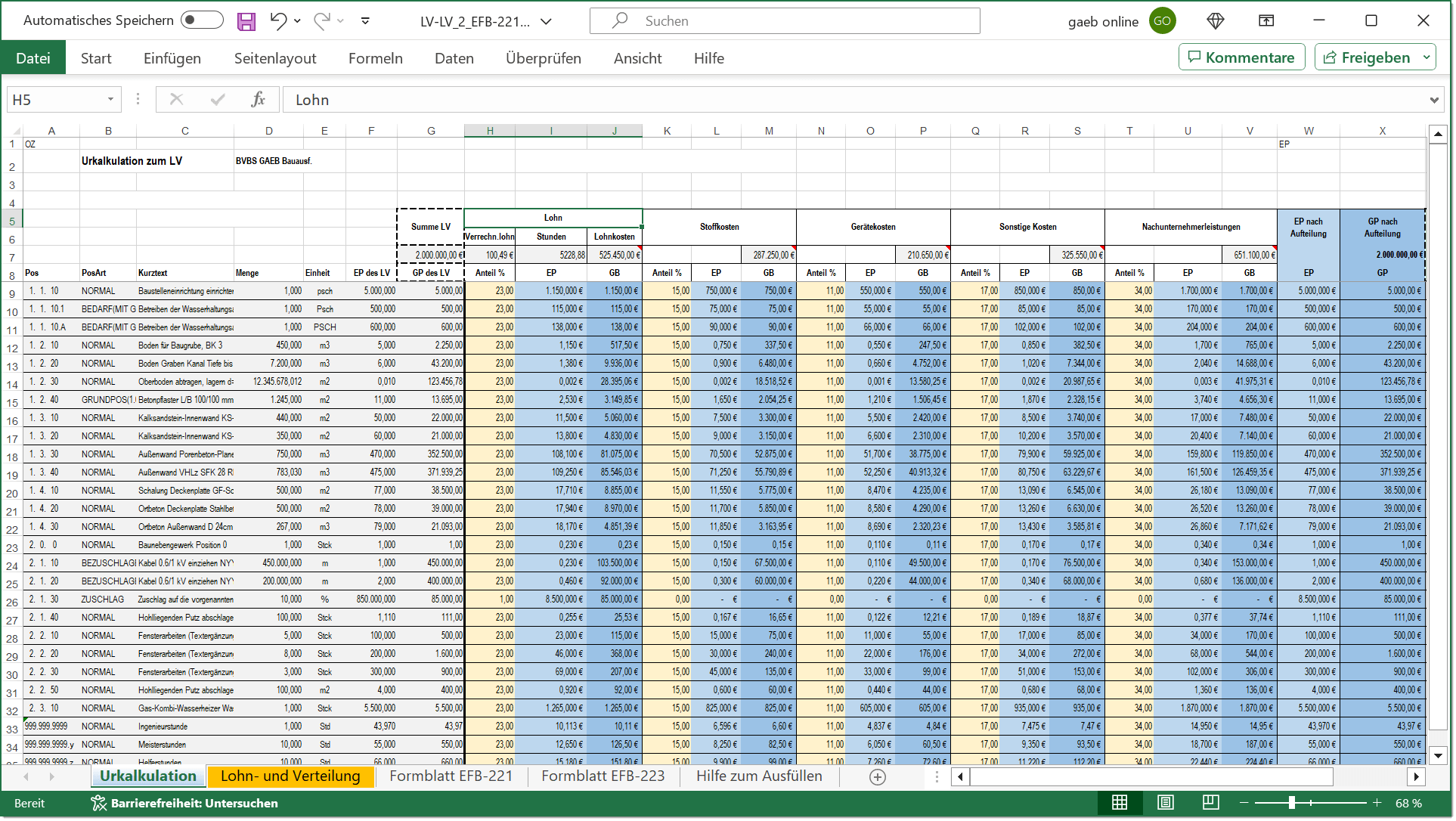 GAEB-Online 2025: EFB-Rückwärtskalkulation – Zuschläge und Lohnverteilung